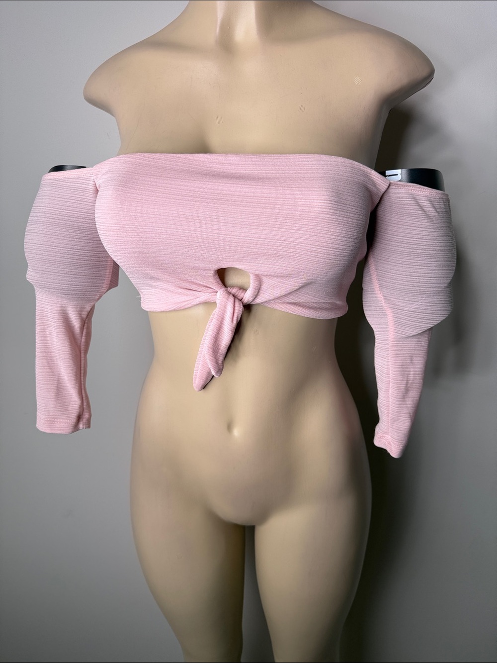 Ribbed Off-Shoulder Tie-Front Crop Top in Soft Pink